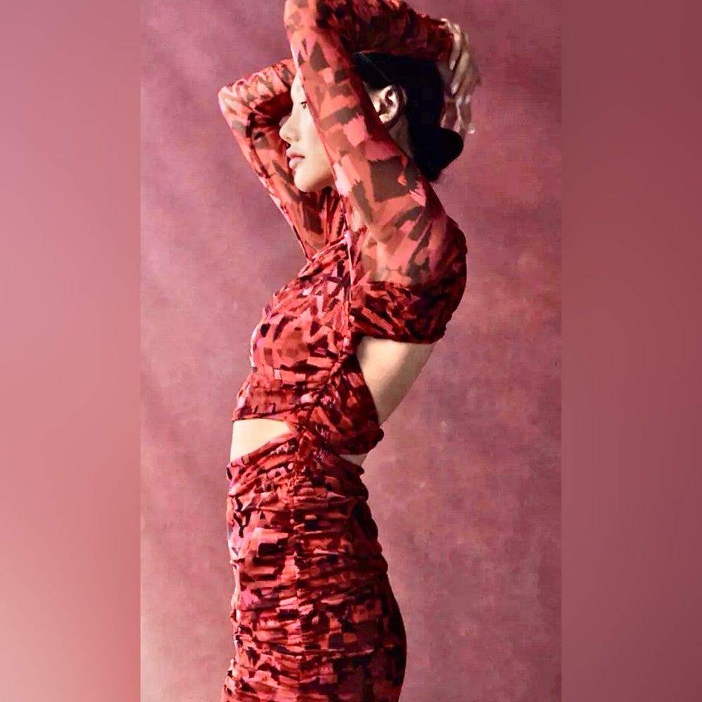 Misa of Los Angeles Chic Red  Dress back and stomach out. Sheer sleeves XL